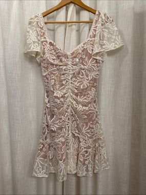 Astr Ivory Lace Ruched Short Dress with Blush Underlay
